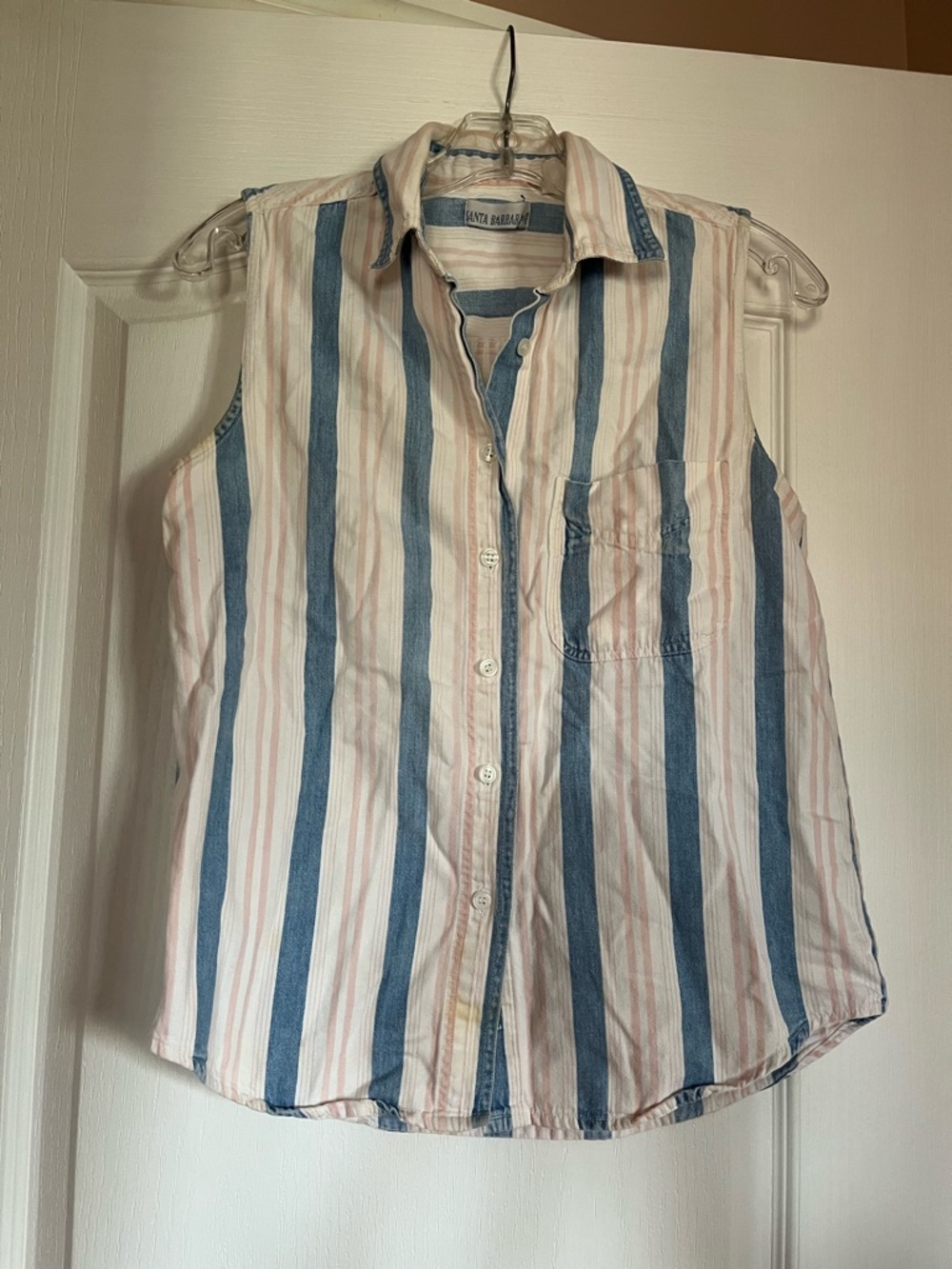 Sleeveless Button-Front Tank Top in Blue and Pink Stripe